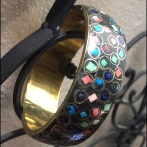 Vintage RARE Brass Gemstone Inlay Bangle GUC Turquoise Lapis Coral